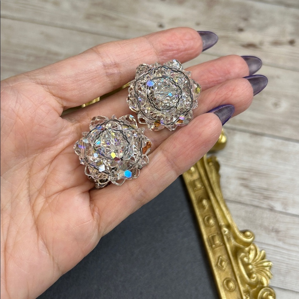 Vintage Silver Crystal AB Cluster Clip On Earrings